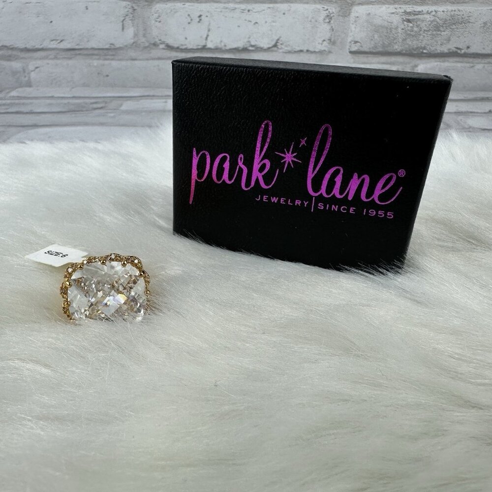 Park Lane Cushion Cut 18mm White CZ “Go Gaga” Oversize Ring Gold Sz 6 NWT